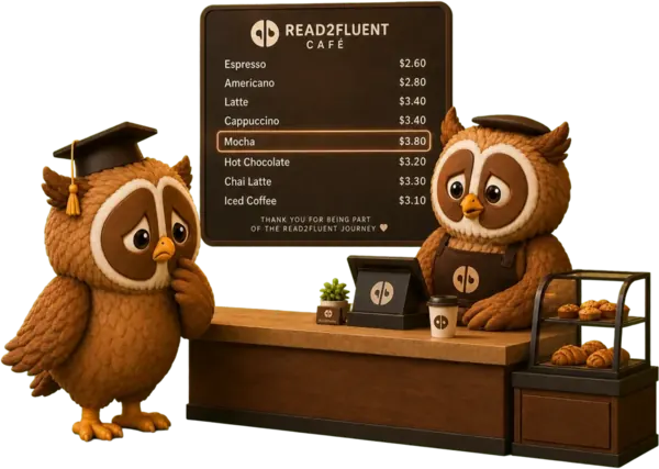 A learner owl looking unsure at a cafe counter, trying to order in a foreign language.