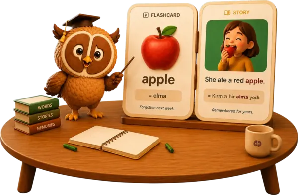 An owl comparing a flashcard for 'apple' with the same word inside a short story, showing context-based learning sticks longer.