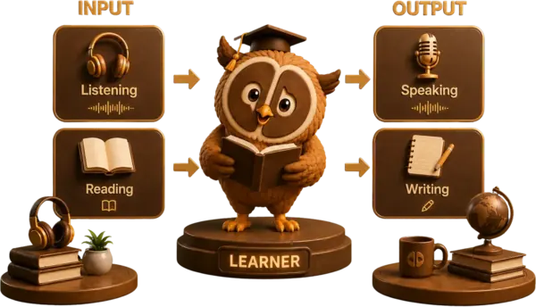 A learner owl surrounded by Listening, Reading, Speaking and Writing skill tiles.