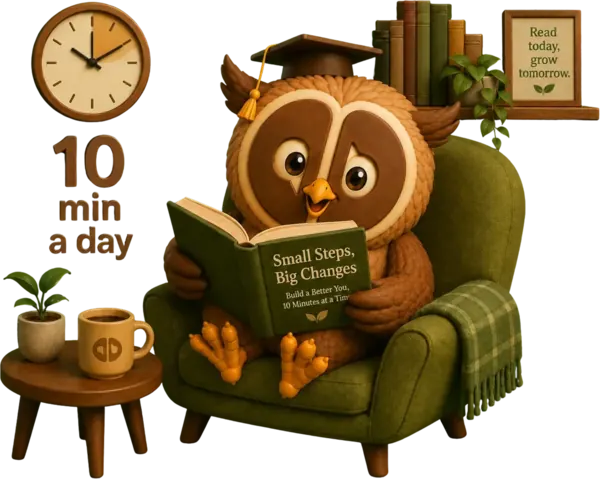An owl reading in a cozy armchair, with a clock showing the '10 minutes a day' reading habit.