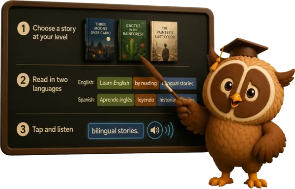 A teacher owl explaining the three Read2Fluent steps on a chalkboard: pick a story, read in two languages, tap and listen.